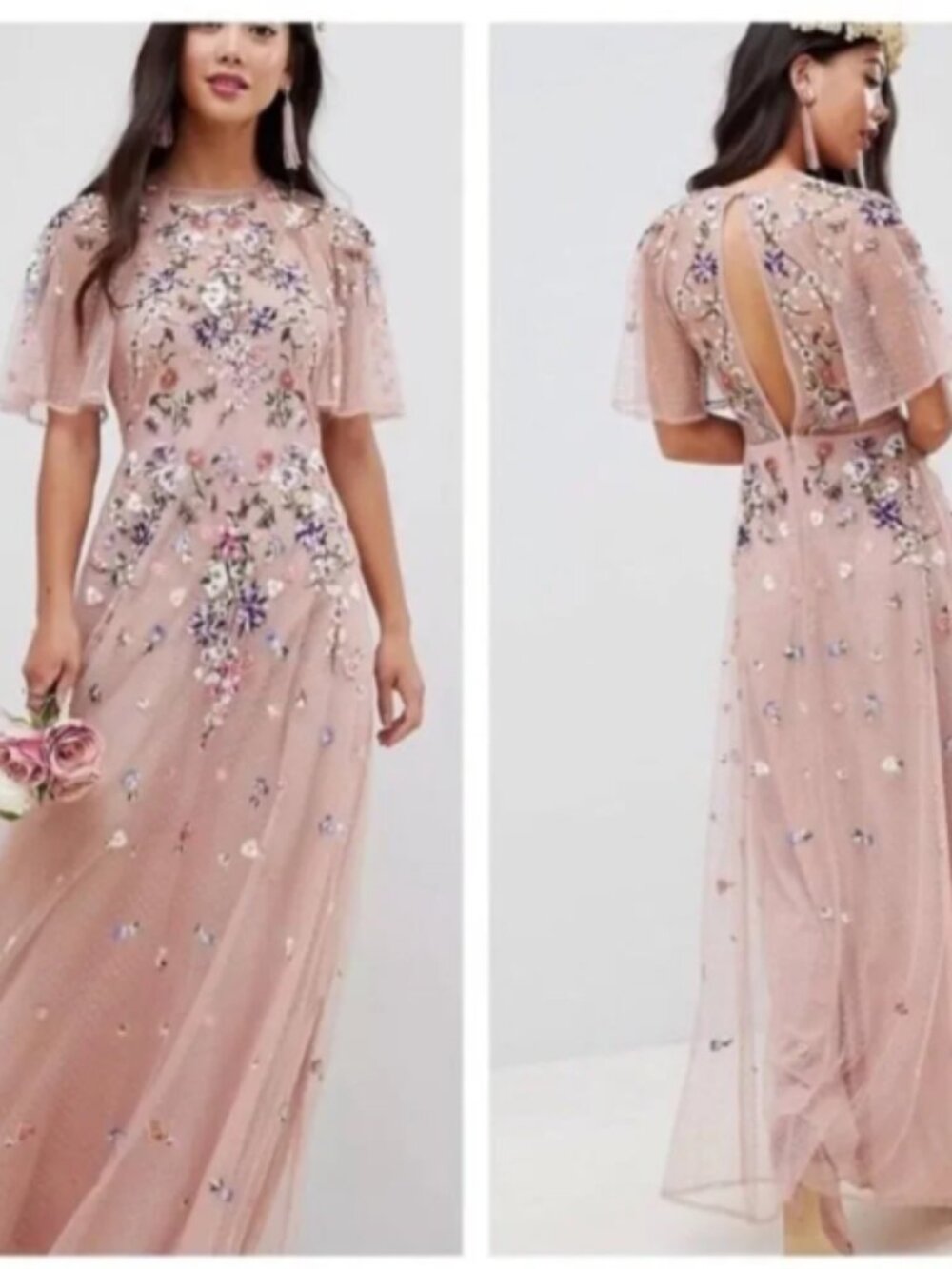 ASOS Pink Floral Embroidered Dobby Mesh Flutter Sleeve Maxi Dress